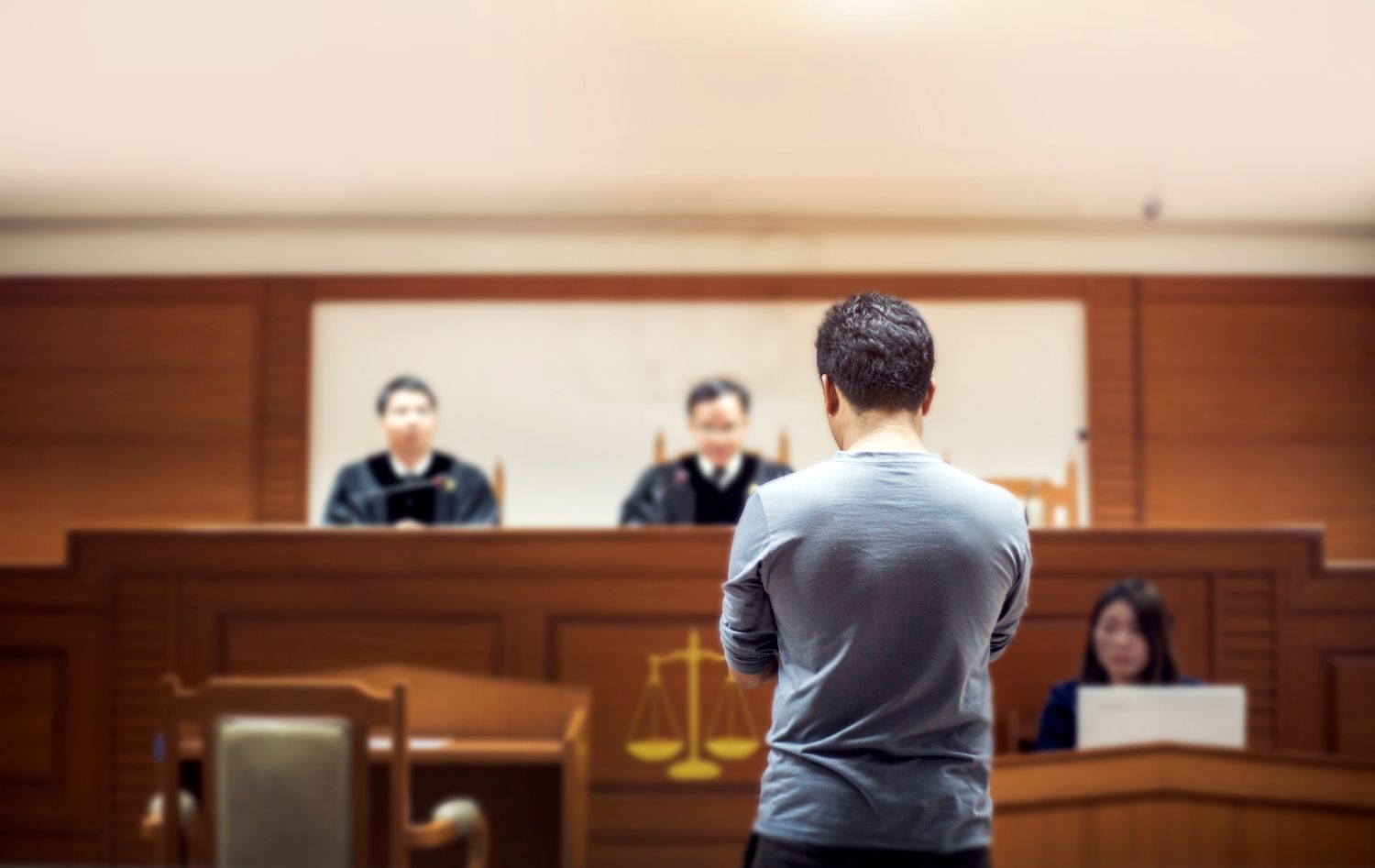 A man with his back turned stands in a formal courtroom setting
